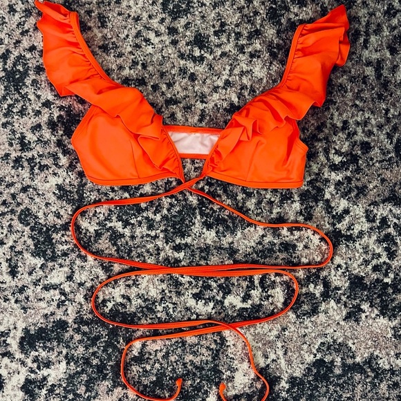 SUNCHASER || Ruffle Shoulder Bikini Top in Neon Orange - SZ Small - Picture 2 of 9